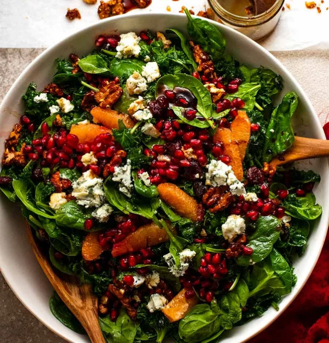 Pomegranate Salad with orange, kale and spinach and gorgonzola dolce